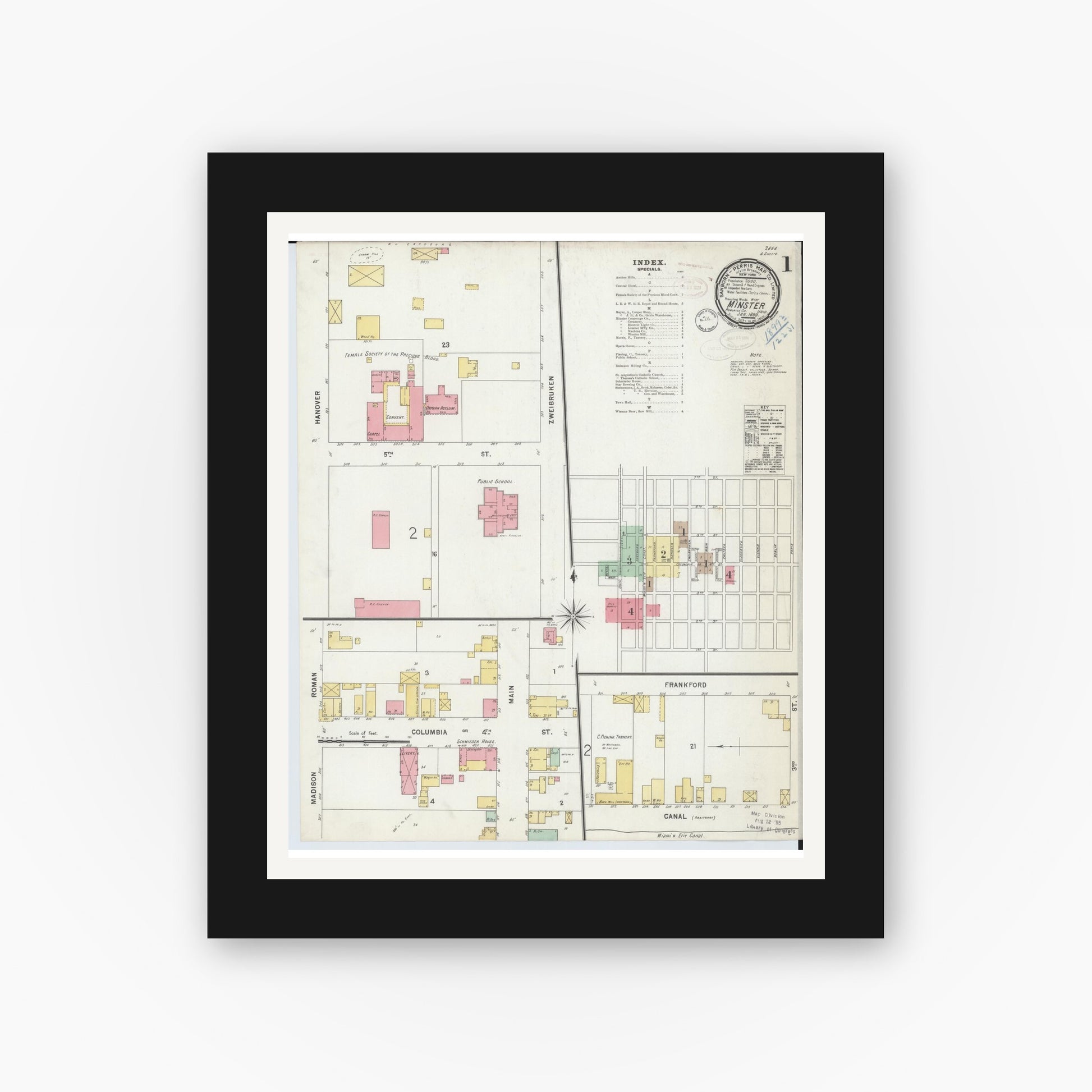 Old map wall art mockup — black gallery frame with white mat — Sanborn Fire Insurance Map from Minster, Auglaize County, Ohio (1899), Sheet #0001