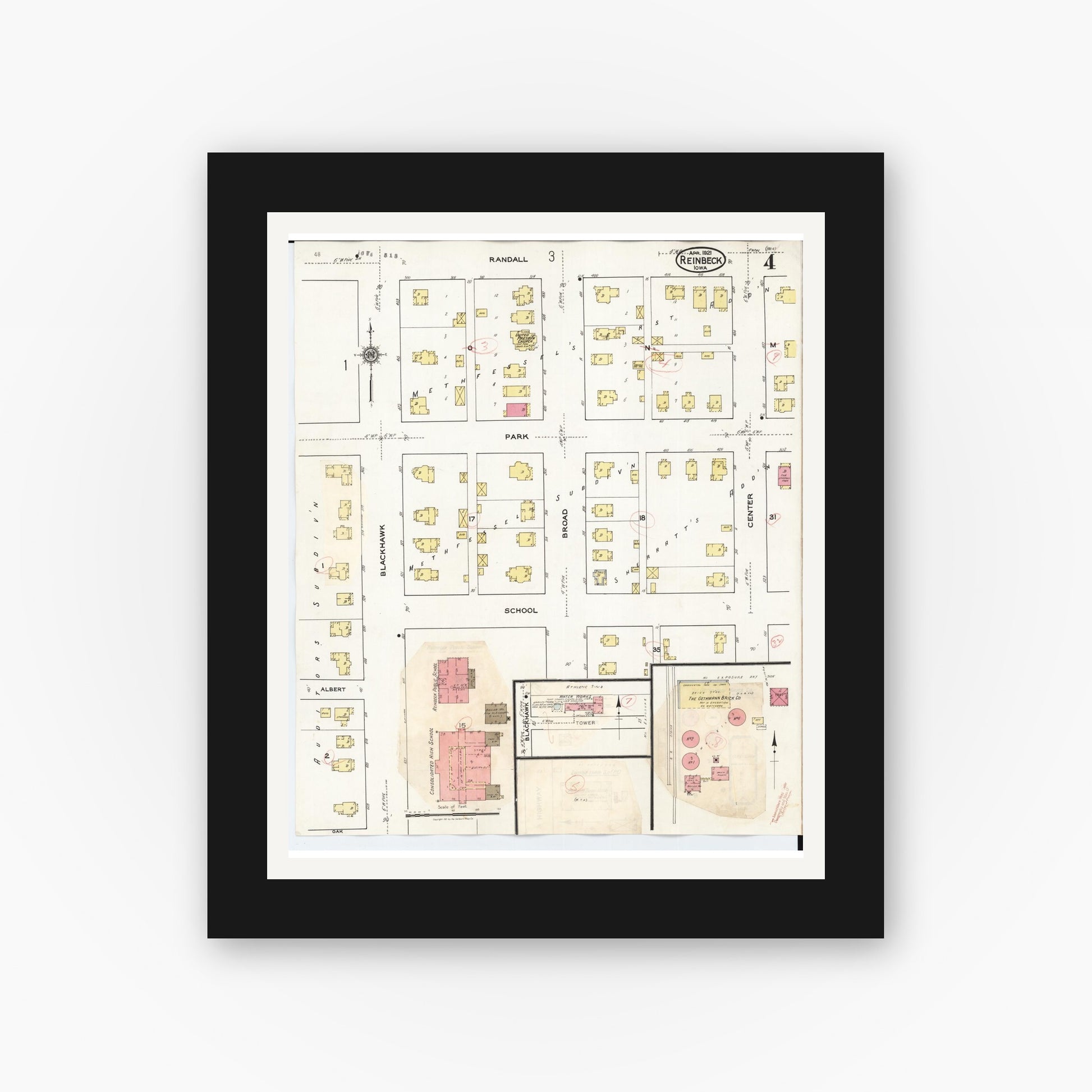 Old map wall art mockup — black gallery frame with white mat — Sanborn Fire Insurance Map from Reinbeck, Grundy County, Iowa (1935), Sheet #0004