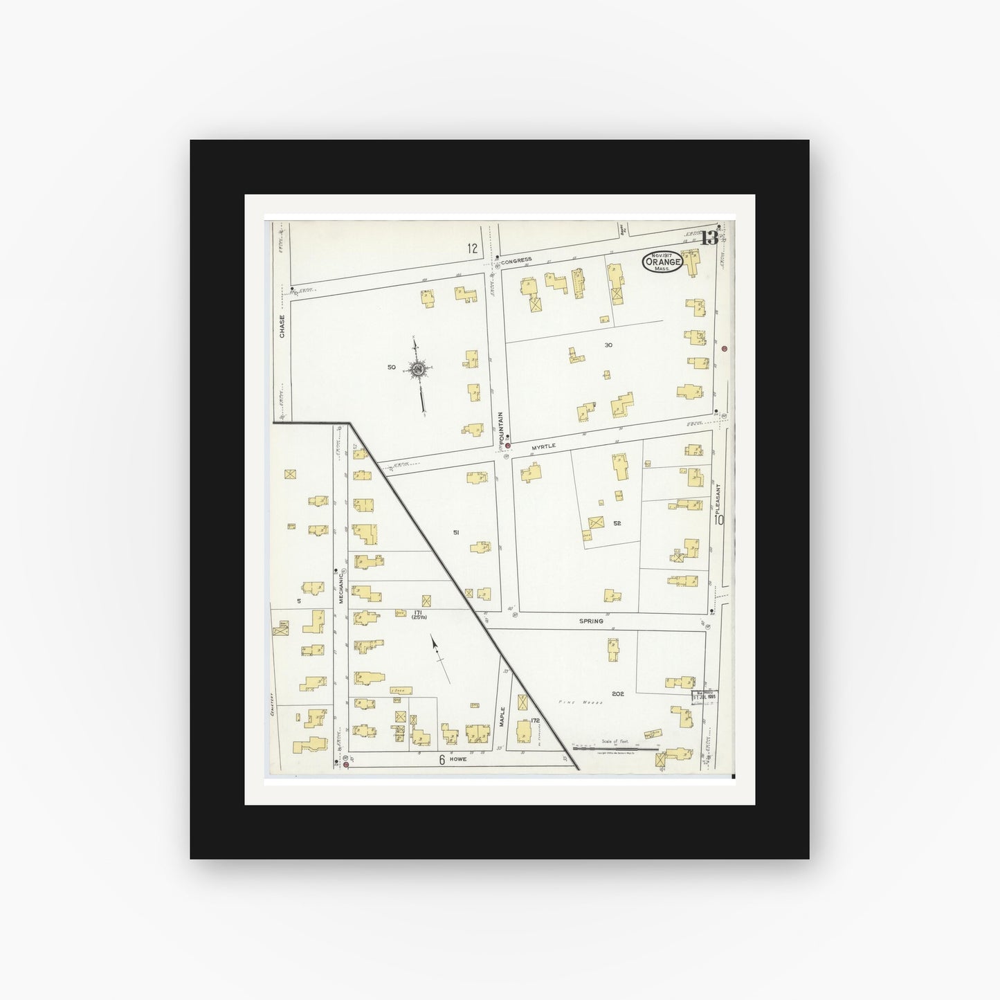 Old map wall art mockup — black gallery frame with white mat — Sanborn Fire Insurance Map from Orange, Franklin County, Massachusetts (1917), Sheet #0013