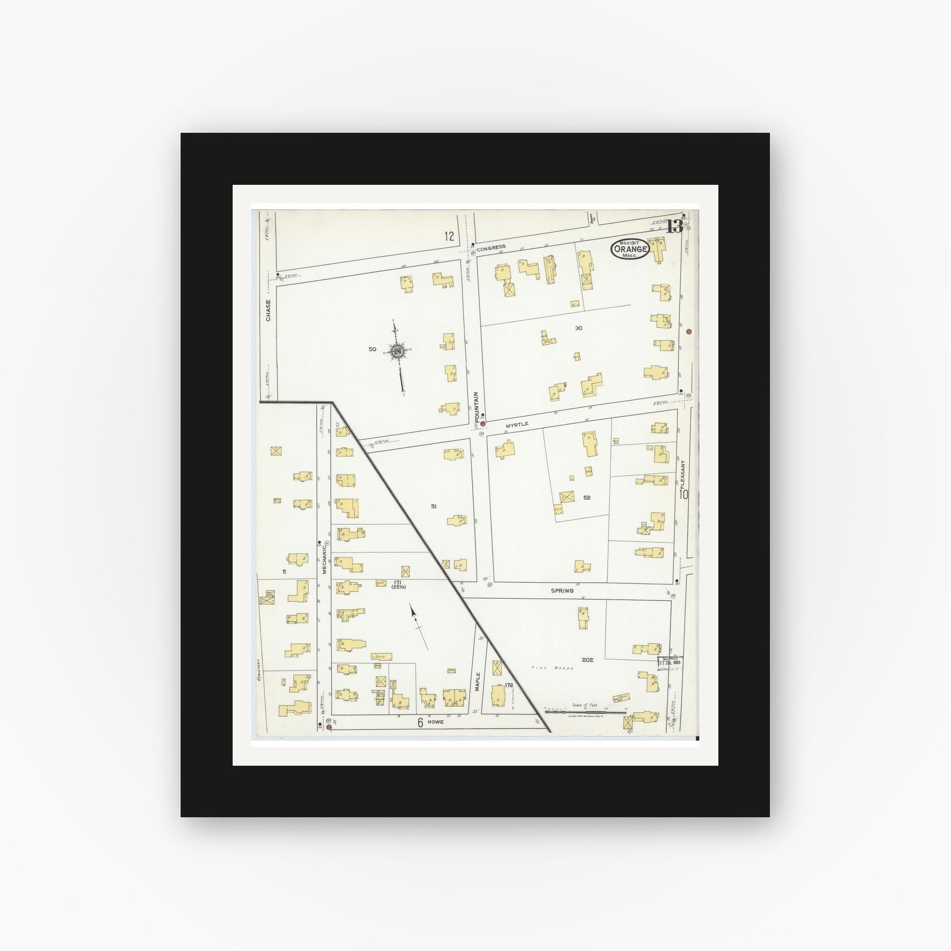 Old map wall art mockup — black gallery frame with white mat — Sanborn Fire Insurance Map from Orange, Franklin County, Massachusetts (1917), Sheet #0013