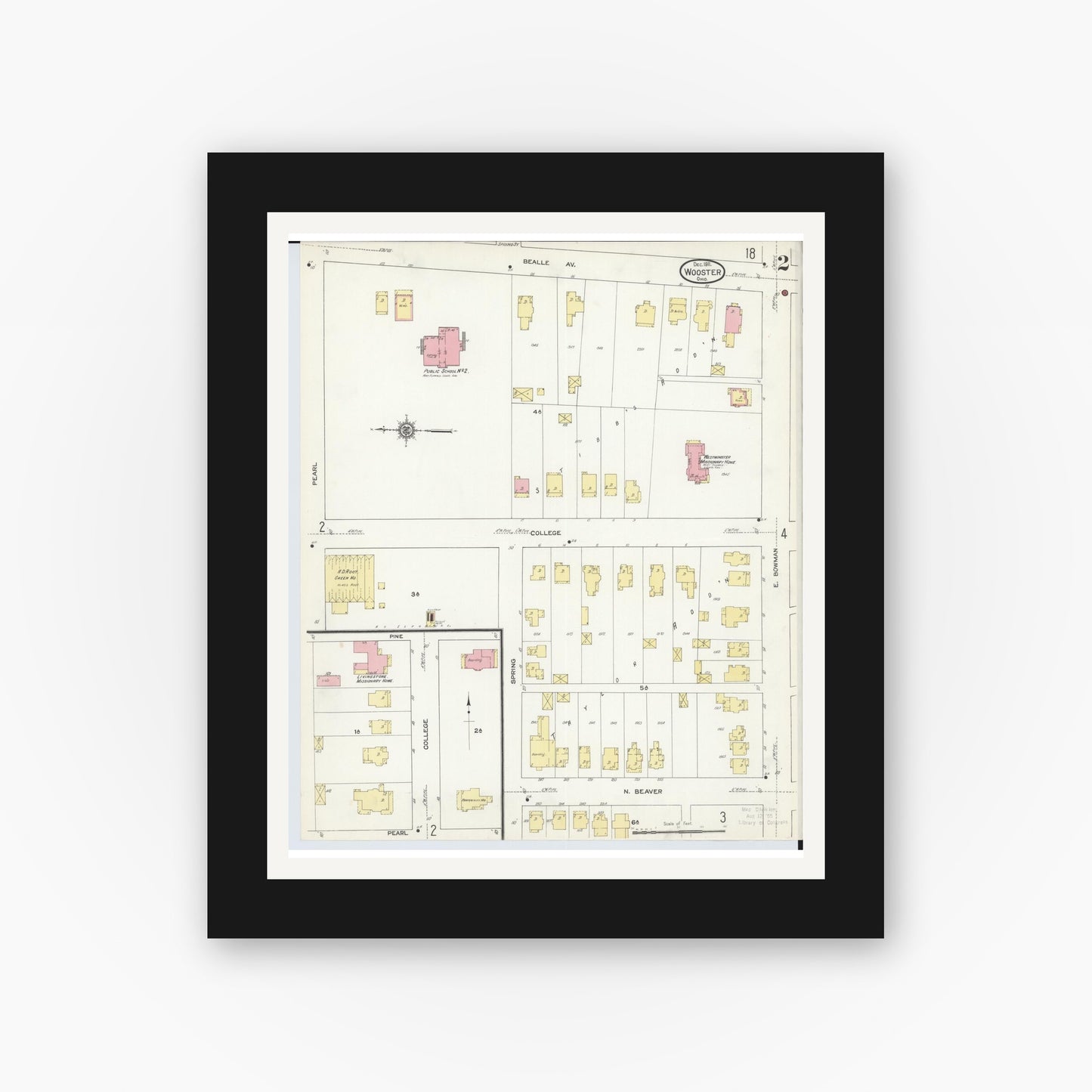 Old map wall art mockup — black gallery frame with white mat — Sanborn Fire Insurance Map from Wooster, Wayne County, Ohio (1911), Sheet #0002