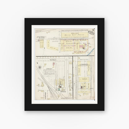 Old map wall art mockup — black gallery frame with white mat — Sanborn Fire Insurance Map from Houston, Harris County, Texas (1885), Sheet #0005