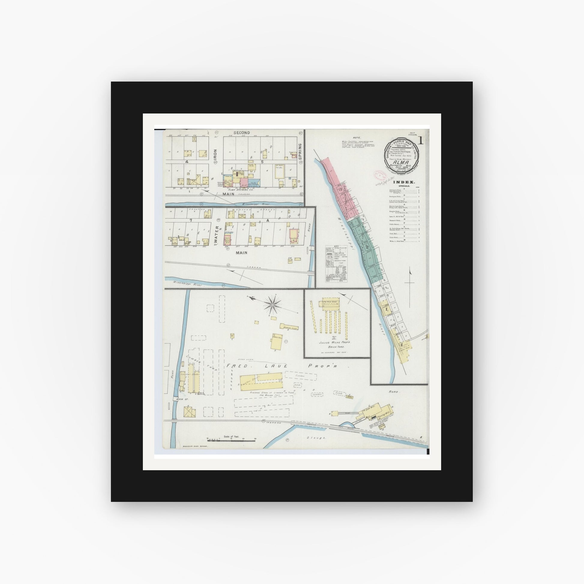 Old map wall art mockup — black gallery frame with white mat — Sanborn Fire Insurance Map from Alma, Buffalo County, Wisconsin (1894) - Complete Map Set