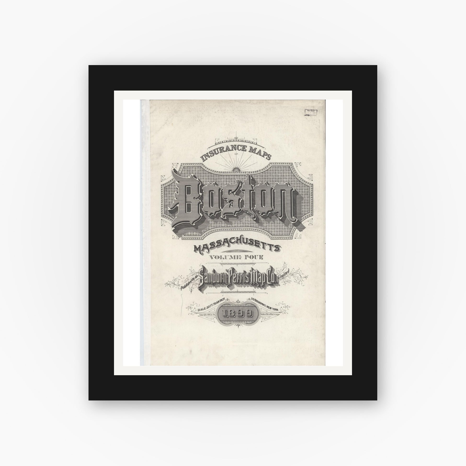 Old map wall art mockup — black gallery frame with white mat — Sanborn Fire Insurance Map from Boston, Suffolk County, Massachusetts (1899), Sheet #0001