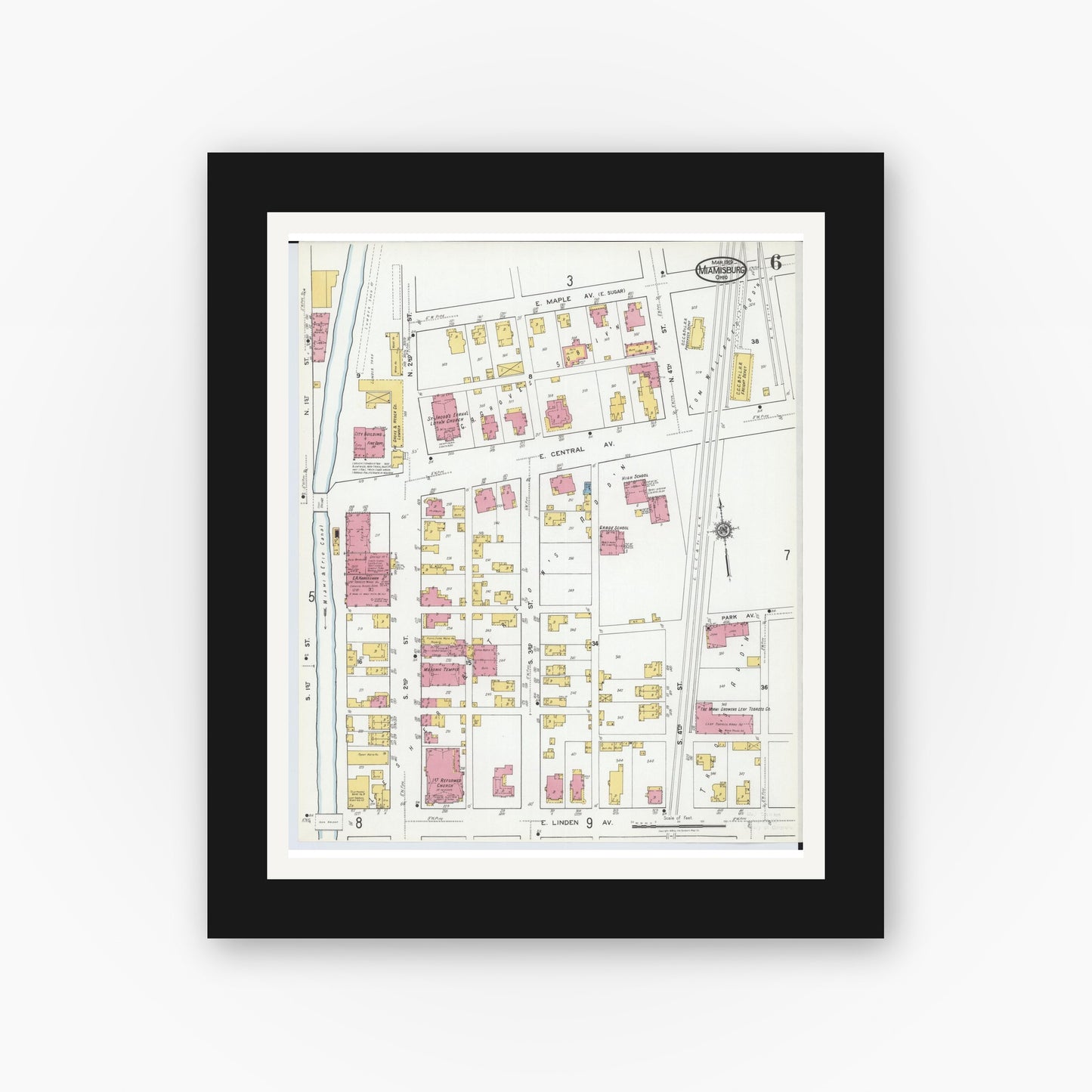 Old map wall art mockup — black gallery frame with white mat — Sanborn Fire Insurance Map from Miamisburg, Montgomery County, Ohio (1919), Sheet #0006