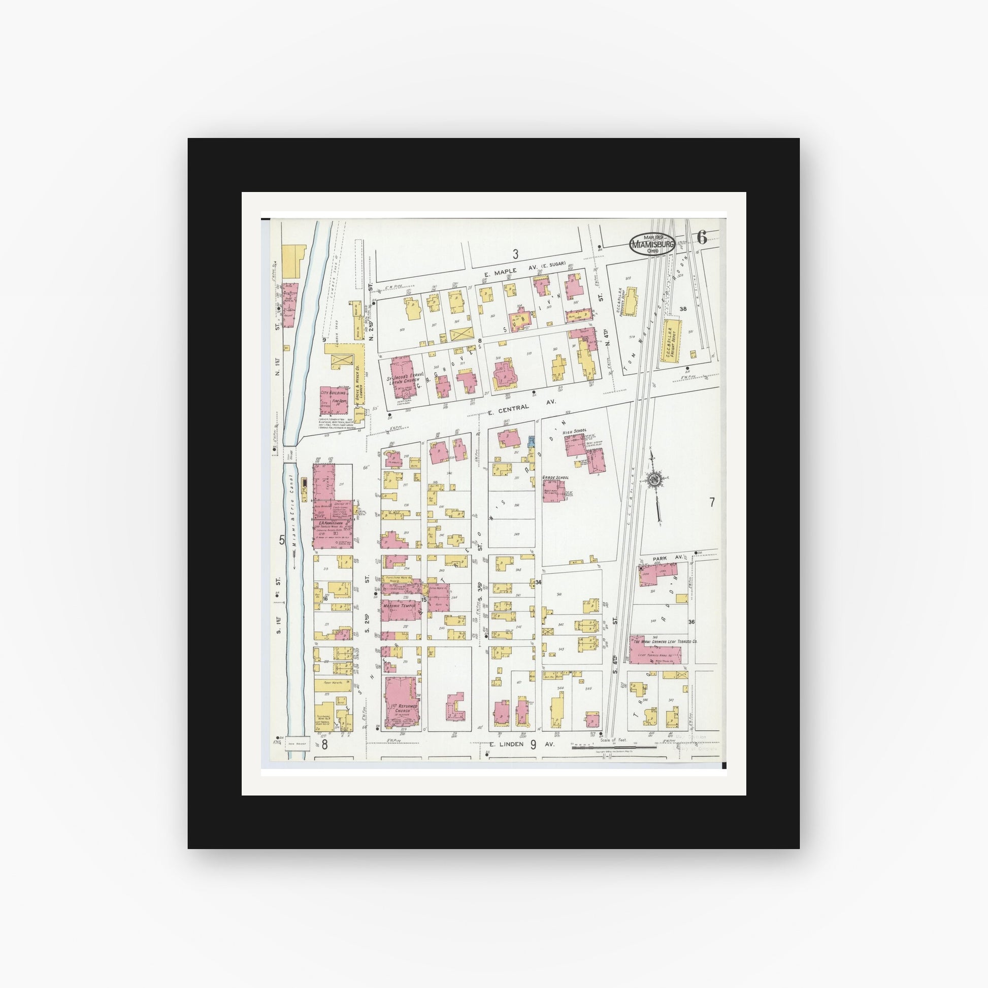 Old map wall art mockup — black gallery frame with white mat — Sanborn Fire Insurance Map from Miamisburg, Montgomery County, Ohio (1919), Sheet #0006