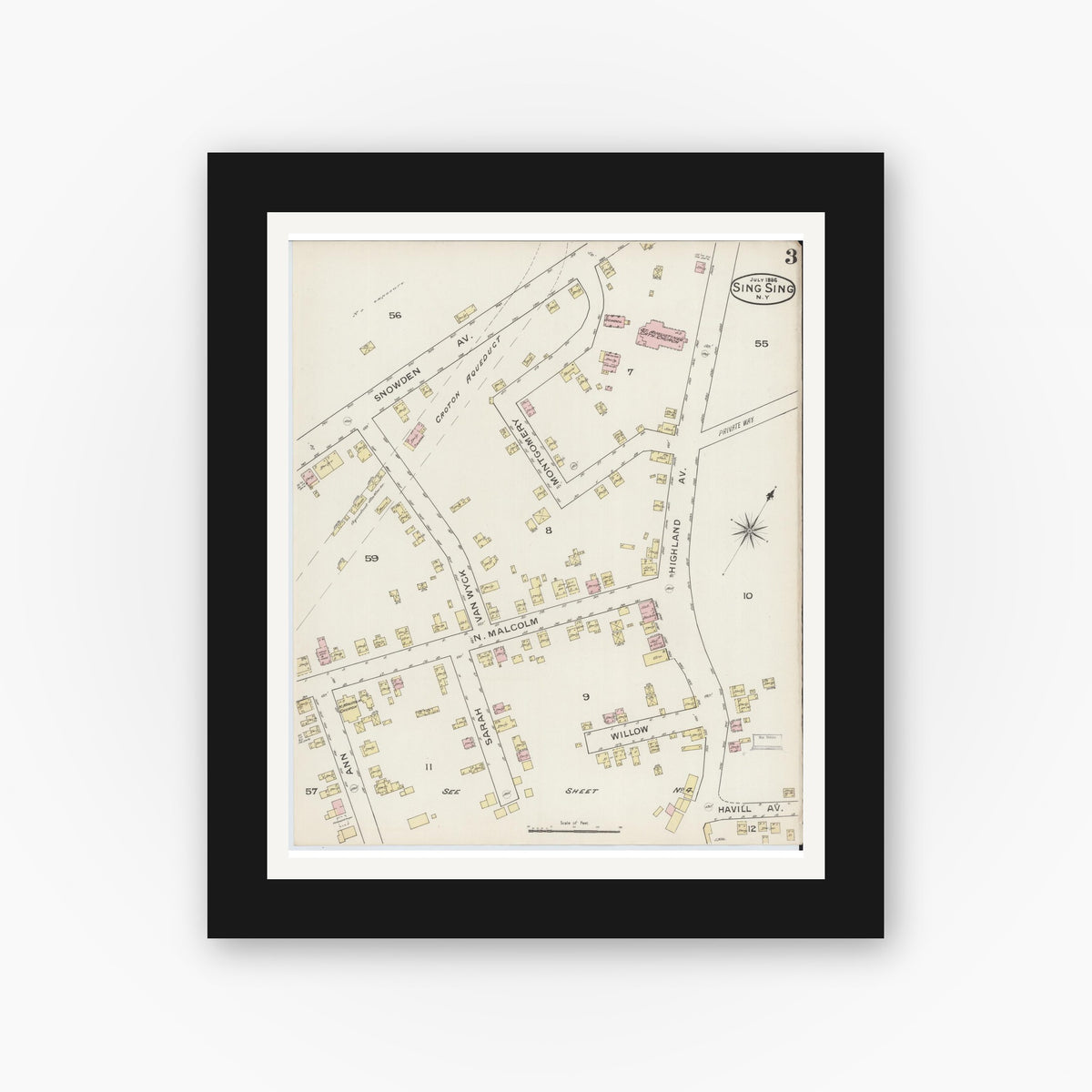Old map wall art mockup — black gallery frame with white mat — Sanborn Fire Insurance Map from Sing Sing, Westchester County, New York (1886), Sheet #0003