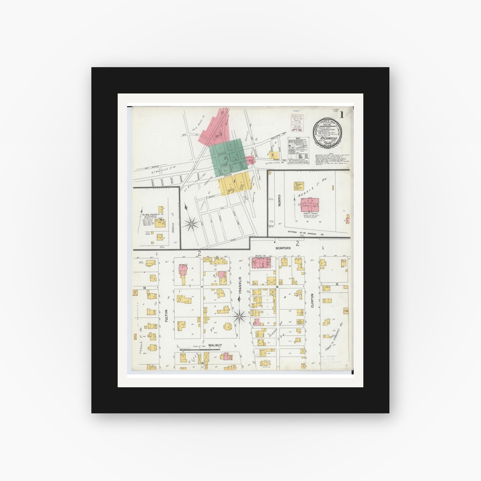 Old map wall art mockup — black gallery frame with white mat — Sanborn Fire Insurance Map from Richwood, Union County, Ohio (1900), Sheet #0001