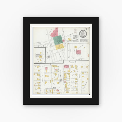 Old map wall art mockup — black gallery frame with white mat — Sanborn Fire Insurance Map from Richwood, Union County, Ohio (1900), Sheet #0001