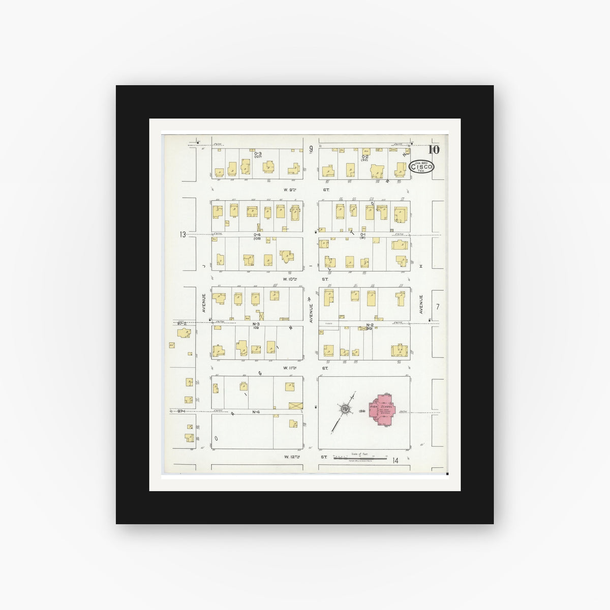 Old map wall art mockup — black gallery frame with white mat — Sanborn Fire Insurance Map from Cisco, Eastland County, Texas (1920), Sheet #0010