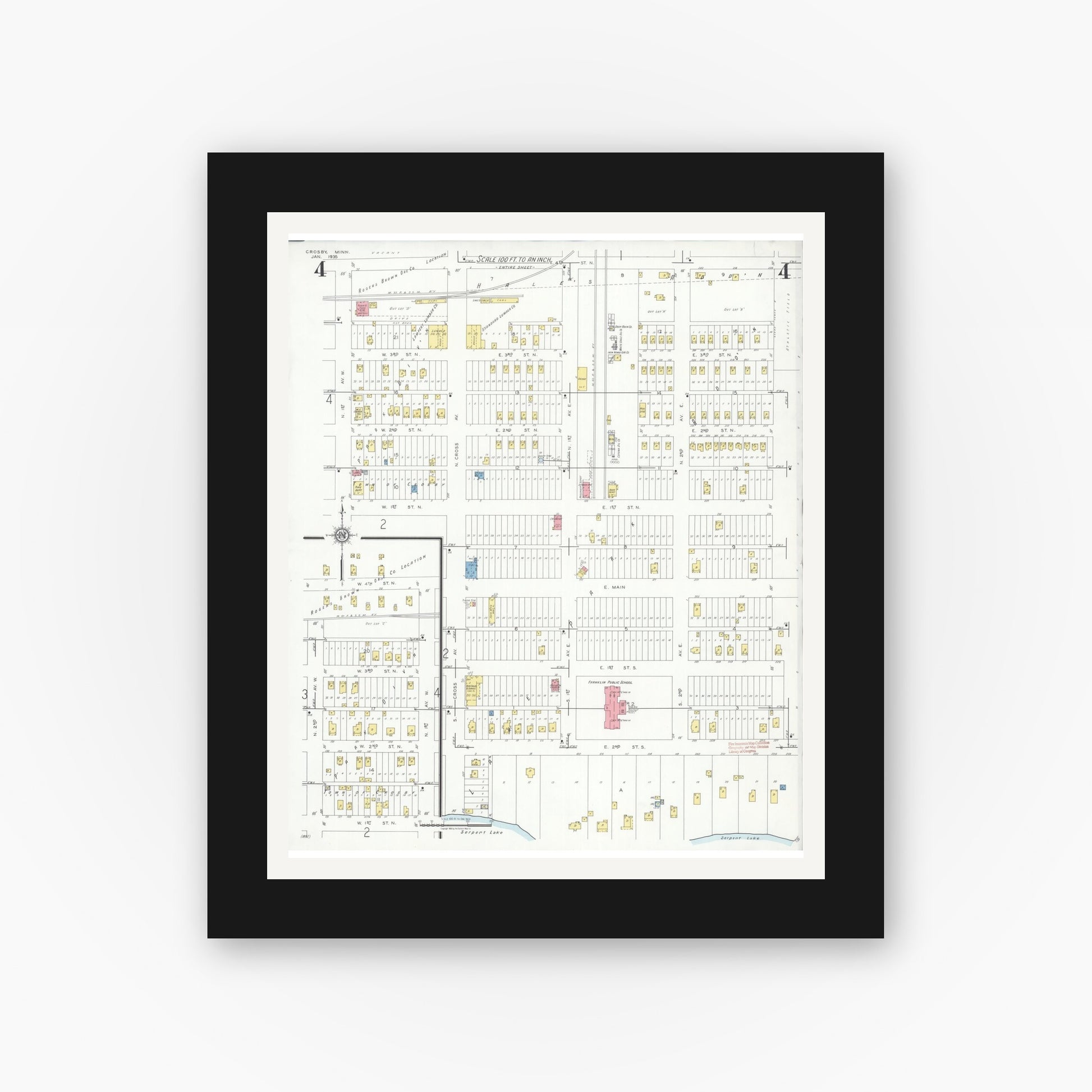 Old map wall art mockup — black gallery frame with white mat — Sanborn Fire Insurance Map from Crosby, Crow Wing County, Minnesota (1935), Sheet #0004