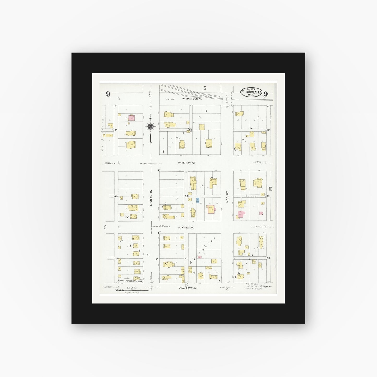 Old map wall art mockup — black gallery frame with white mat — Sanborn Fire Insurance Map from Fergus Falls, Otter Tail County, Minnesota (1924), Sheet #0009