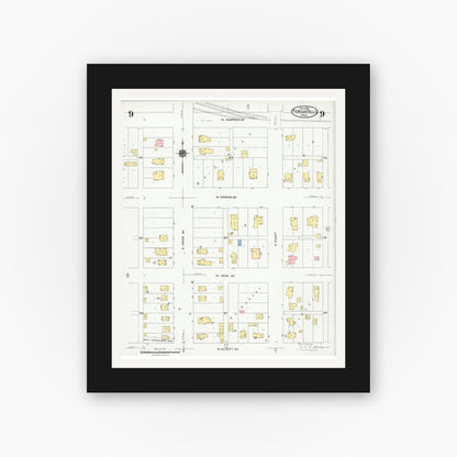 Old map wall art mockup — black gallery frame with white mat — Sanborn Fire Insurance Map from Fergus Falls, Otter Tail County, Minnesota (1924), Sheet #0009