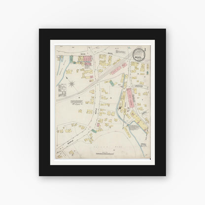 Old map wall art mockup — black gallery frame with white mat — Sanborn Fire Insurance Map from Warren, Worcester County, Massachusetts (1887), Sheet #0001