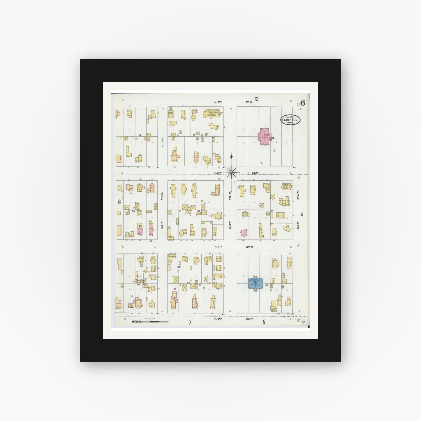 Old map wall art mockup — black gallery frame with white mat — Sanborn Fire Insurance Map from Faribault, Rice County, Minnesota (1905), Sheet #0006