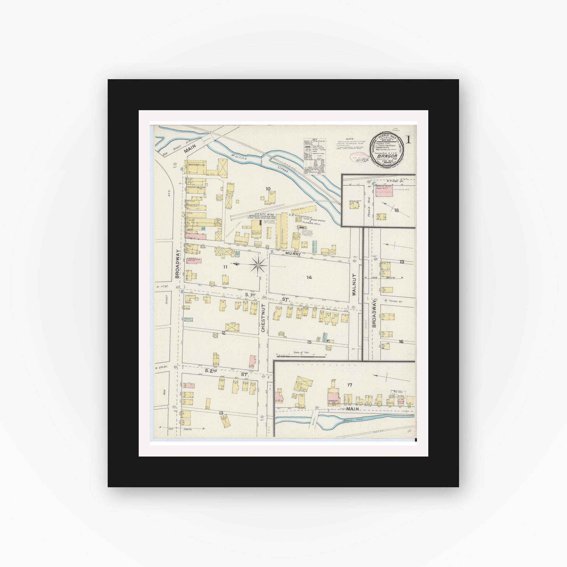 Old map wall art mockup — black gallery frame with white mat — Sanborn Fire Insurance Map from Bangor, Northampton County, Pennsylvania (1892) - Complete Map Set