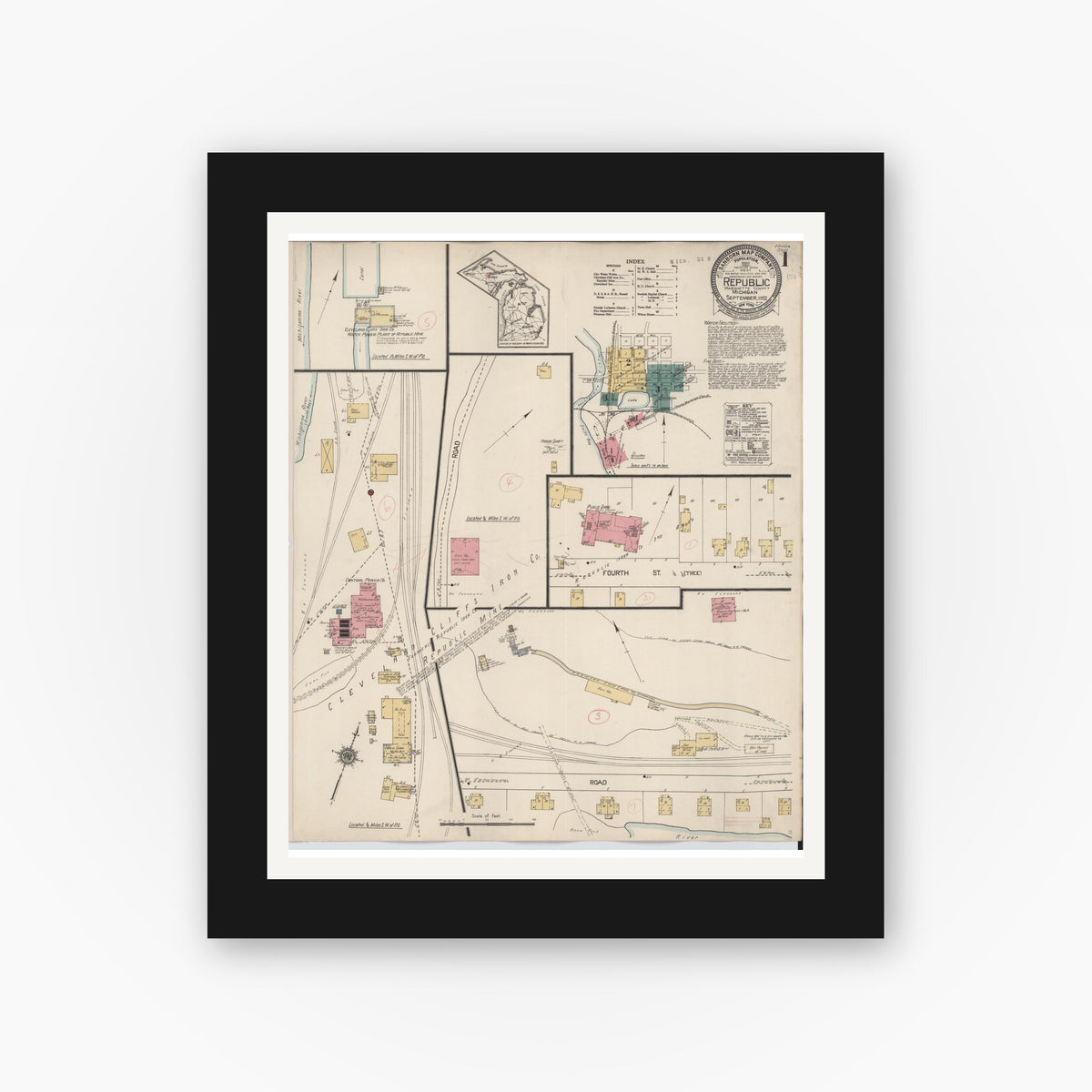 Old map wall art mockup — black gallery frame with white mat — Sanborn Fire Insurance Map from Republic, Marquette County, Michigan (1922), Sheet #0001
