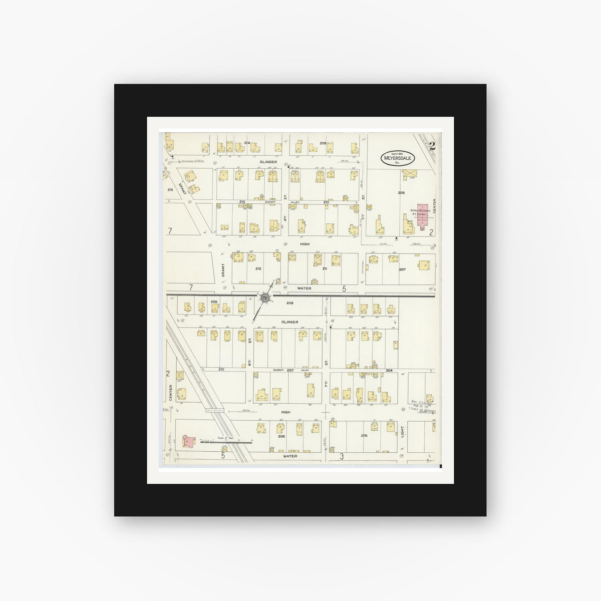 Old map wall art mockup — black gallery frame with white mat — Sanborn Fire Insurance Map from Meyersdale, Somerset County, Pennsylvania (1910), Sheet #0002