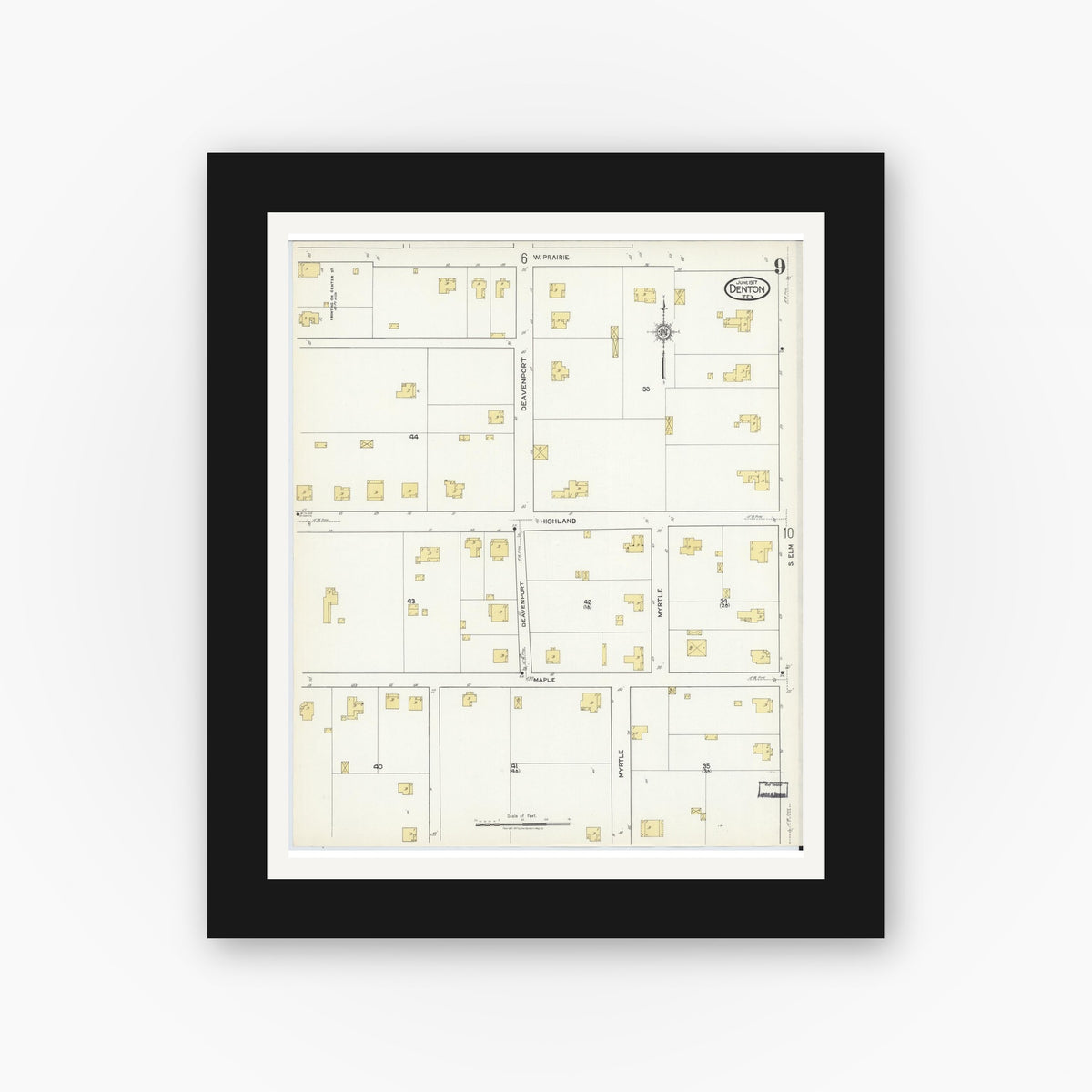 Old map wall art mockup — black gallery frame with white mat — Sanborn Fire Insurance Map from Denton, Denton County, Texas (1917), Sheet #0009