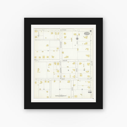 Old map wall art mockup — black gallery frame with white mat — Sanborn Fire Insurance Map from Denton, Denton County, Texas (1917), Sheet #0009