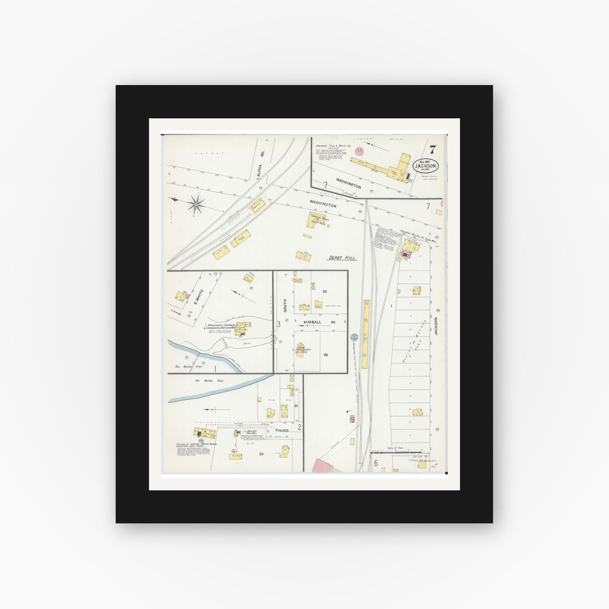 Old map wall art mockup — black gallery frame with white mat — Sanborn Fire Insurance Map from Jackson, Jackson County, Minnesota (1907), Sheet #0007