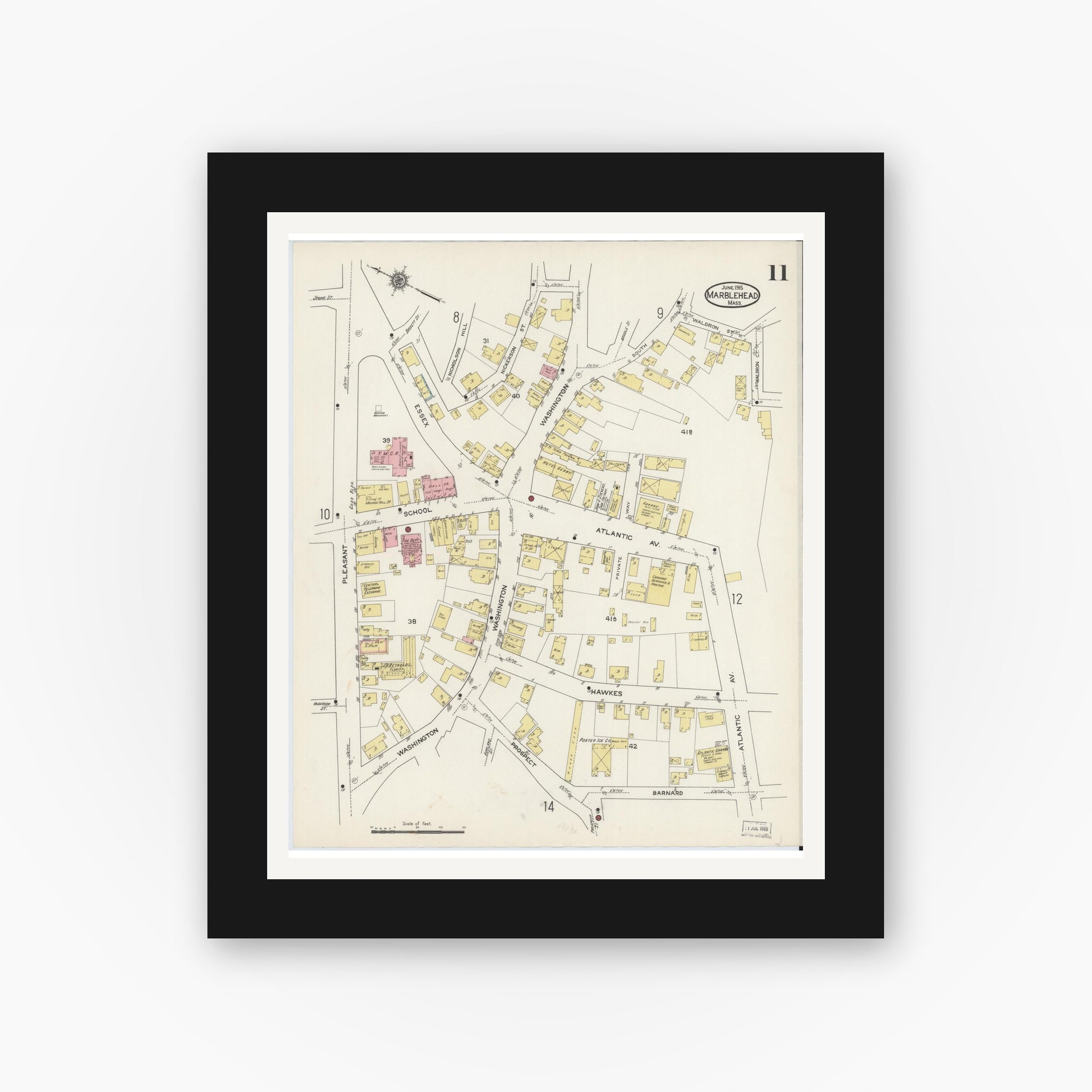 Old map wall art mockup — black gallery frame with white mat — Sanborn Fire Insurance Map from Marblehead, Essex County, Massachusetts (1915), Sheet #0011