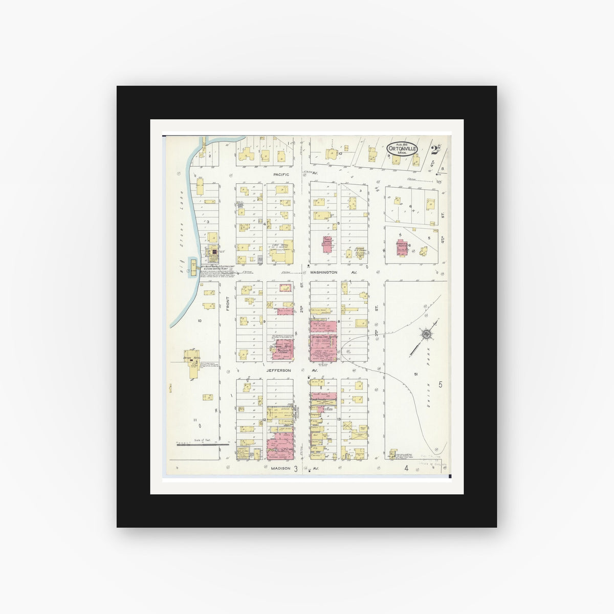 Old map wall art mockup — black gallery frame with white mat — Sanborn Fire Insurance Map from Ortonville, Big Stone County, Minnesota (1915), Sheet #0002