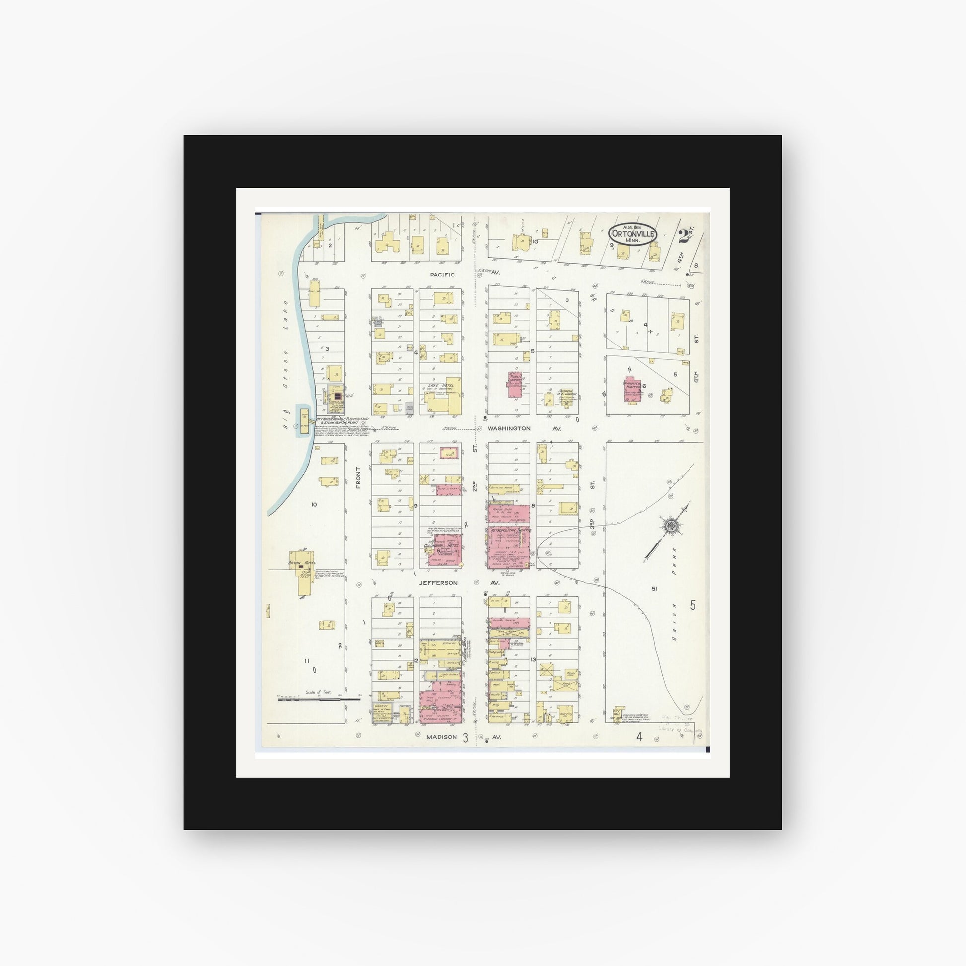 Old map wall art mockup — black gallery frame with white mat — Sanborn Fire Insurance Map from Ortonville, Big Stone County, Minnesota (1915), Sheet #0002