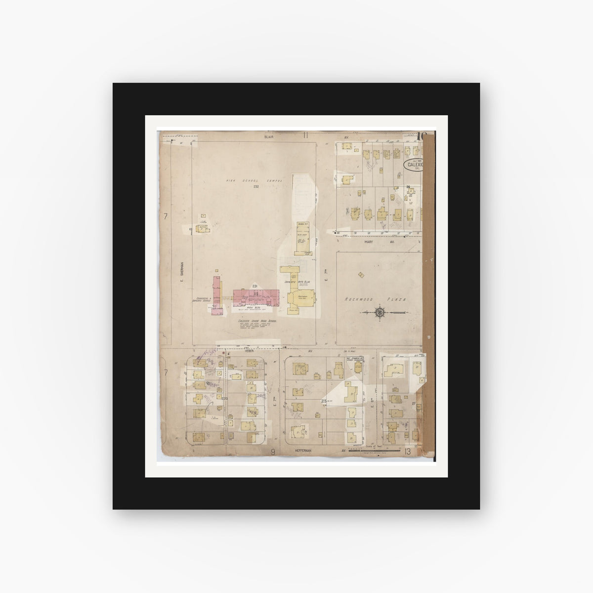 Old map wall art mockup — black gallery frame with white mat — Sanborn Fire Insurance Map from Calexico, Imperial County, California (1956), Sheet #0010