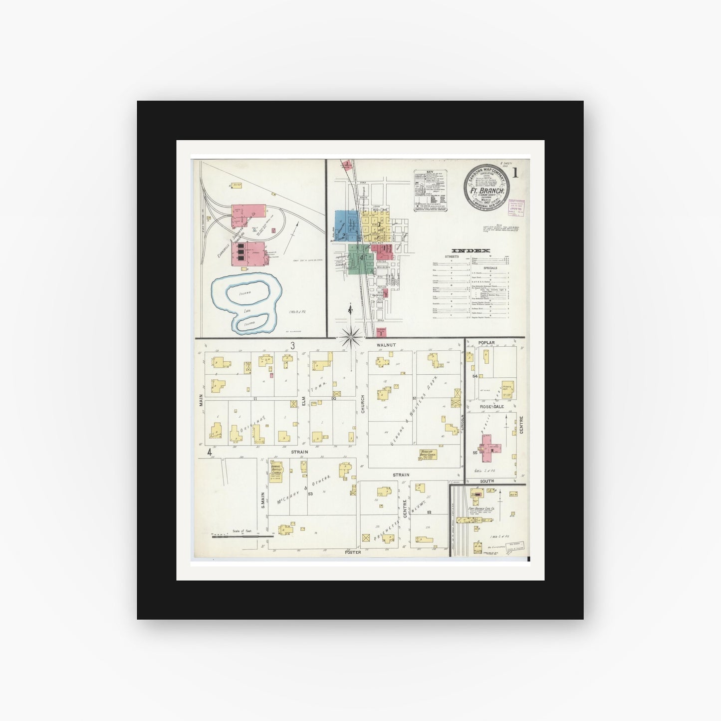 Old map wall art mockup — black gallery frame with white mat — Sanborn Fire Insurance Map from Fort Branch, Gibson County, Indiana (1907) - Complete Map Set