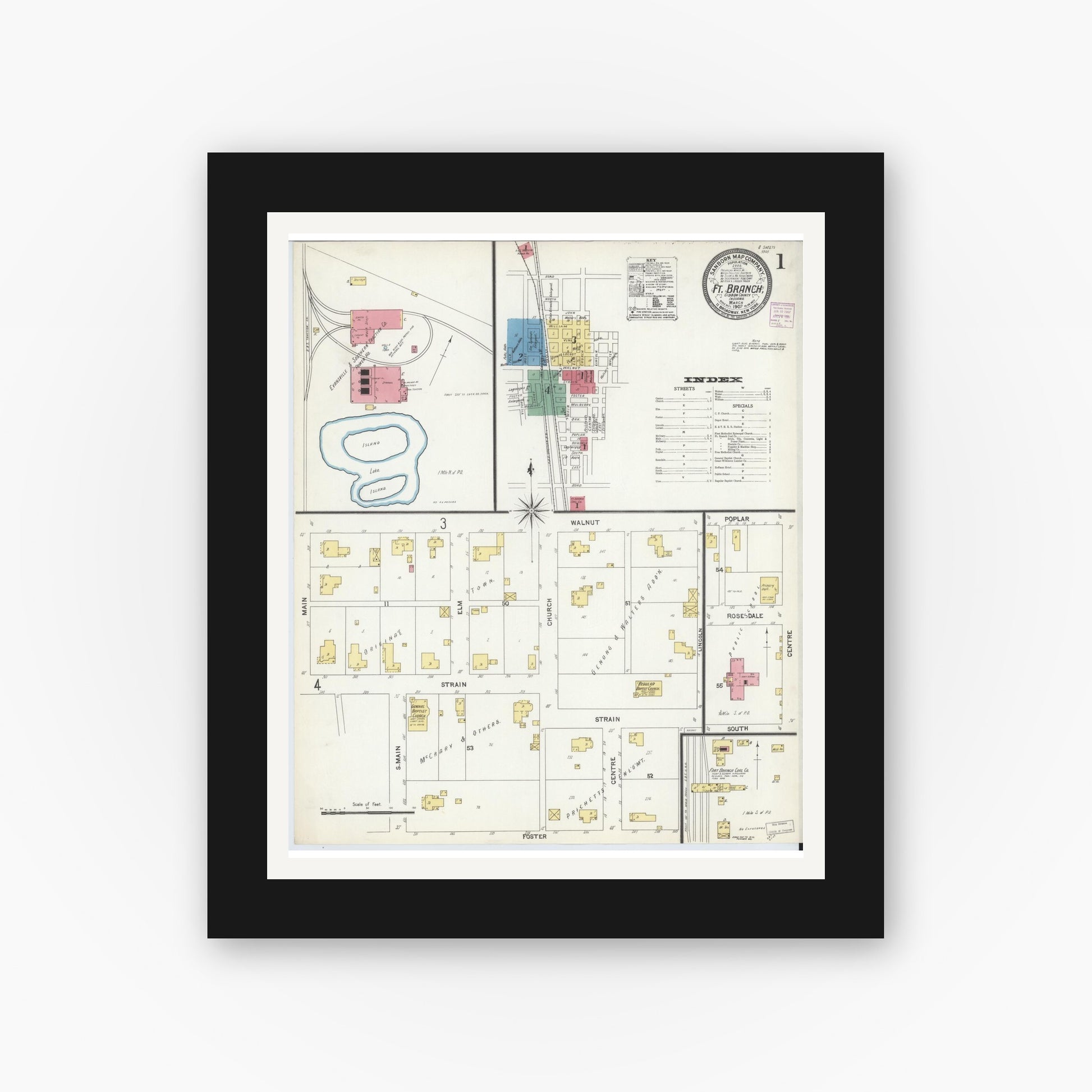Old map wall art mockup — black gallery frame with white mat — Sanborn Fire Insurance Map from Fort Branch, Gibson County, Indiana (1907) - Complete Map Set