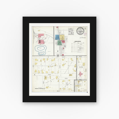 Old map wall art mockup — black gallery frame with white mat — Sanborn Fire Insurance Map from Fort Branch, Gibson County, Indiana (1907) - Complete Map Set