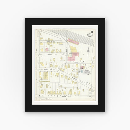Old map wall art mockup — black gallery frame with white mat — Sanborn Fire Insurance Map from Monroe, Union County, North Carolina (1914), Sheet #0011