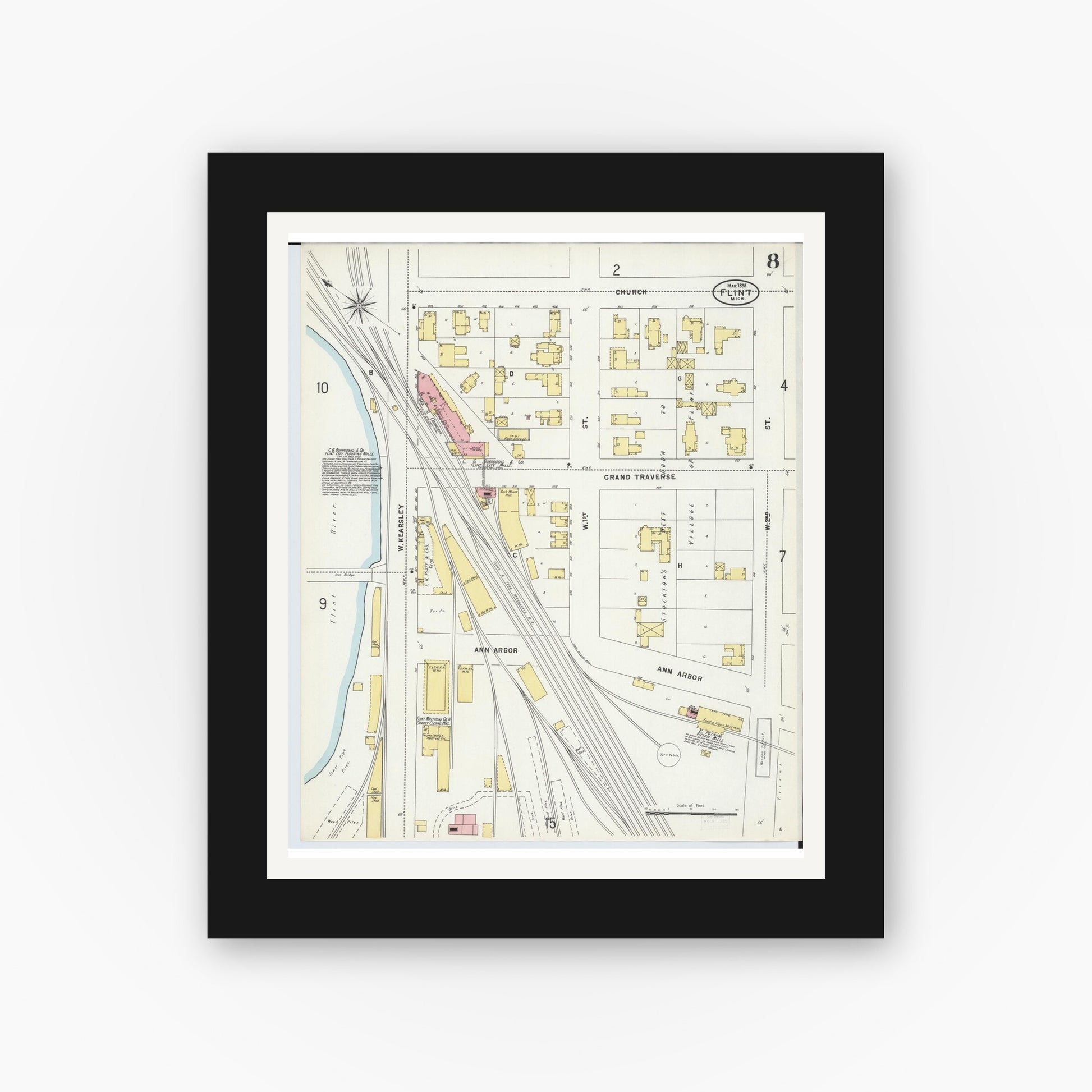 Old map wall art mockup — black gallery frame with white mat — Sanborn Fire Insurance Map from Flint, Genesee County, Michigan (1898), Sheet #0008