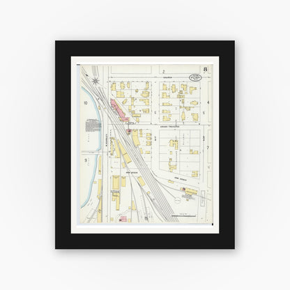 Old map wall art mockup — black gallery frame with white mat — Sanborn Fire Insurance Map from Flint, Genesee County, Michigan (1898), Sheet #0008