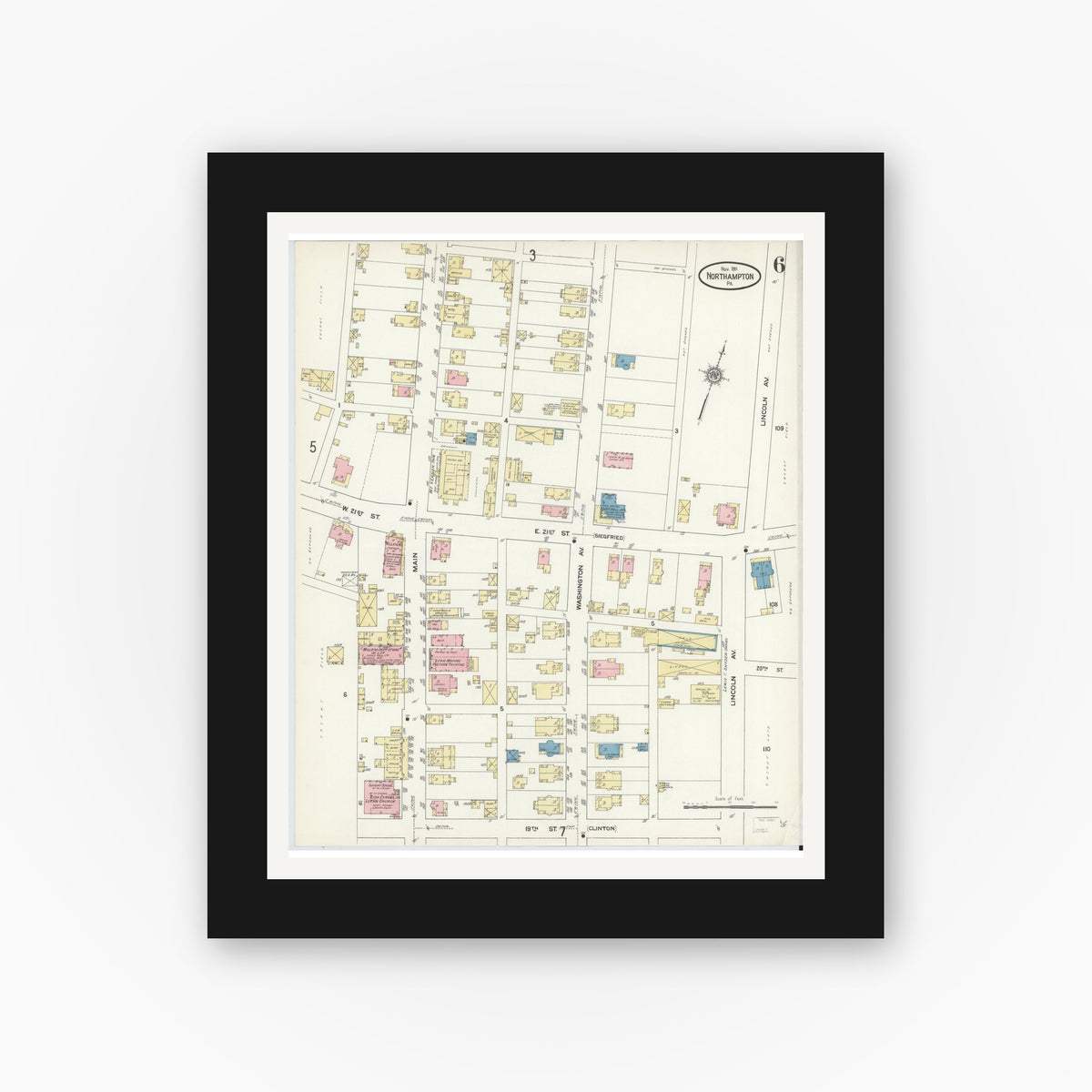 Old map wall art mockup — black gallery frame with white mat — Sanborn Fire Insurance Map from Northampton, Northampton County, Pennsylvania (1911), Sheet #0006