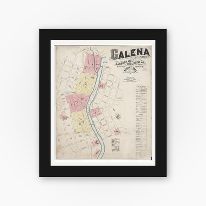 Old map wall art mockup — black gallery frame with white mat — Sanborn Fire Insurance Map from Galena, Jo Daviess County, Illinois (1885), Sheet #0001