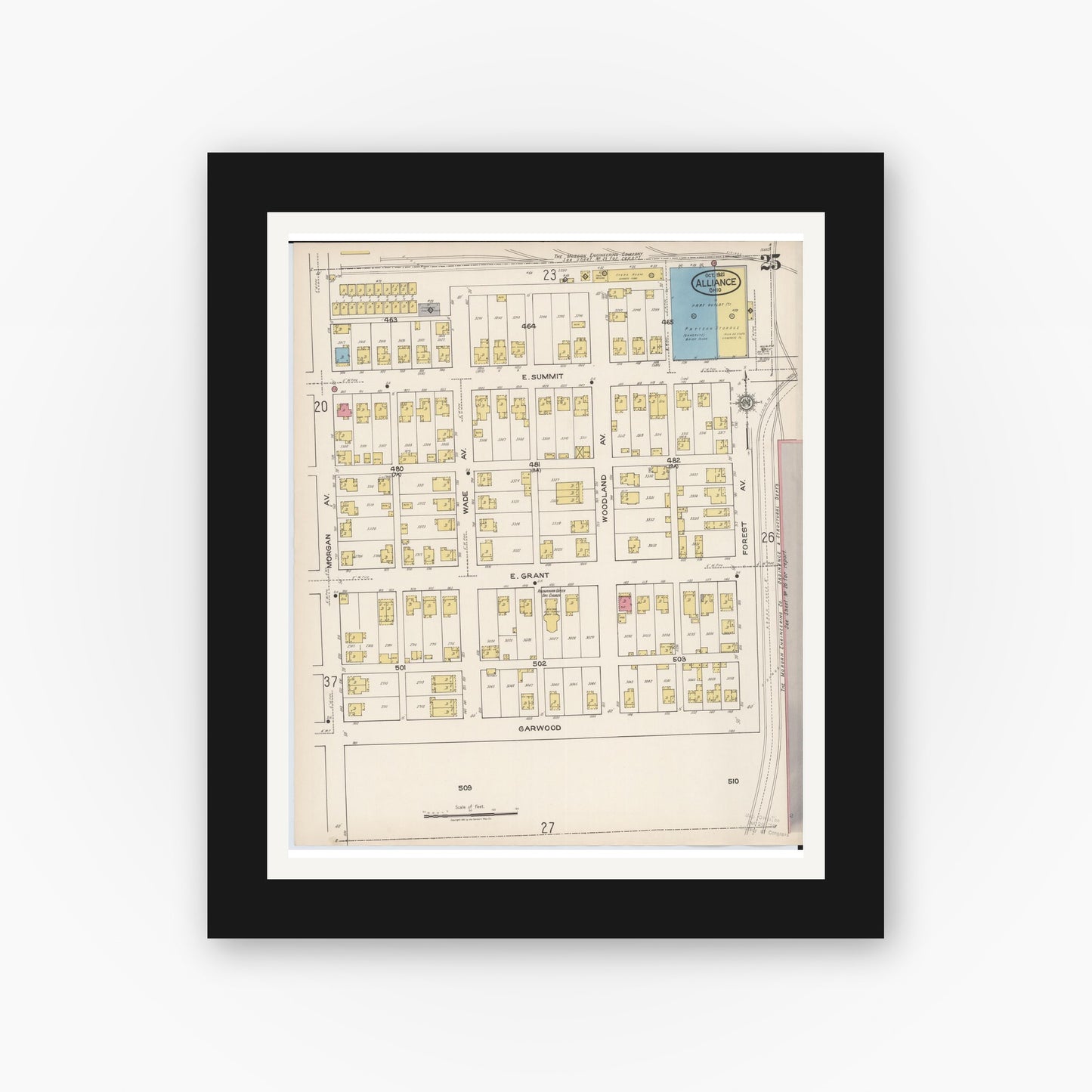 Old map wall art mockup — black gallery frame with white mat — Sanborn Fire Insurance Map from Alliance, Stark County, Ohio (1921), Sheet #0025