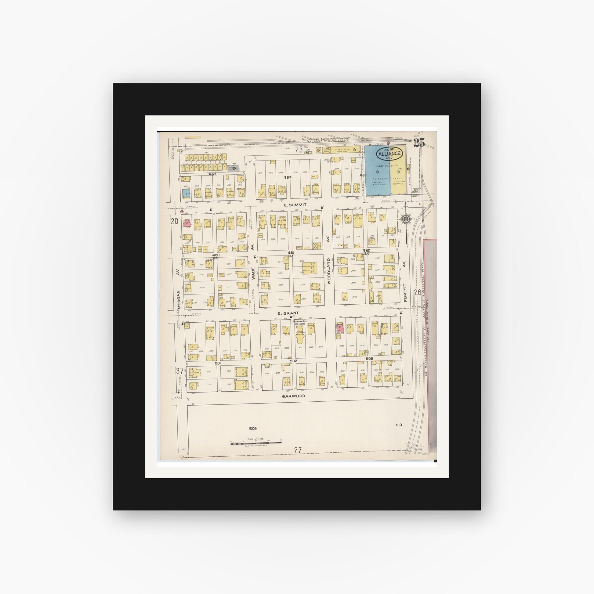 Old map wall art mockup — black gallery frame with white mat — Sanborn Fire Insurance Map from Alliance, Stark County, Ohio (1921), Sheet #0025