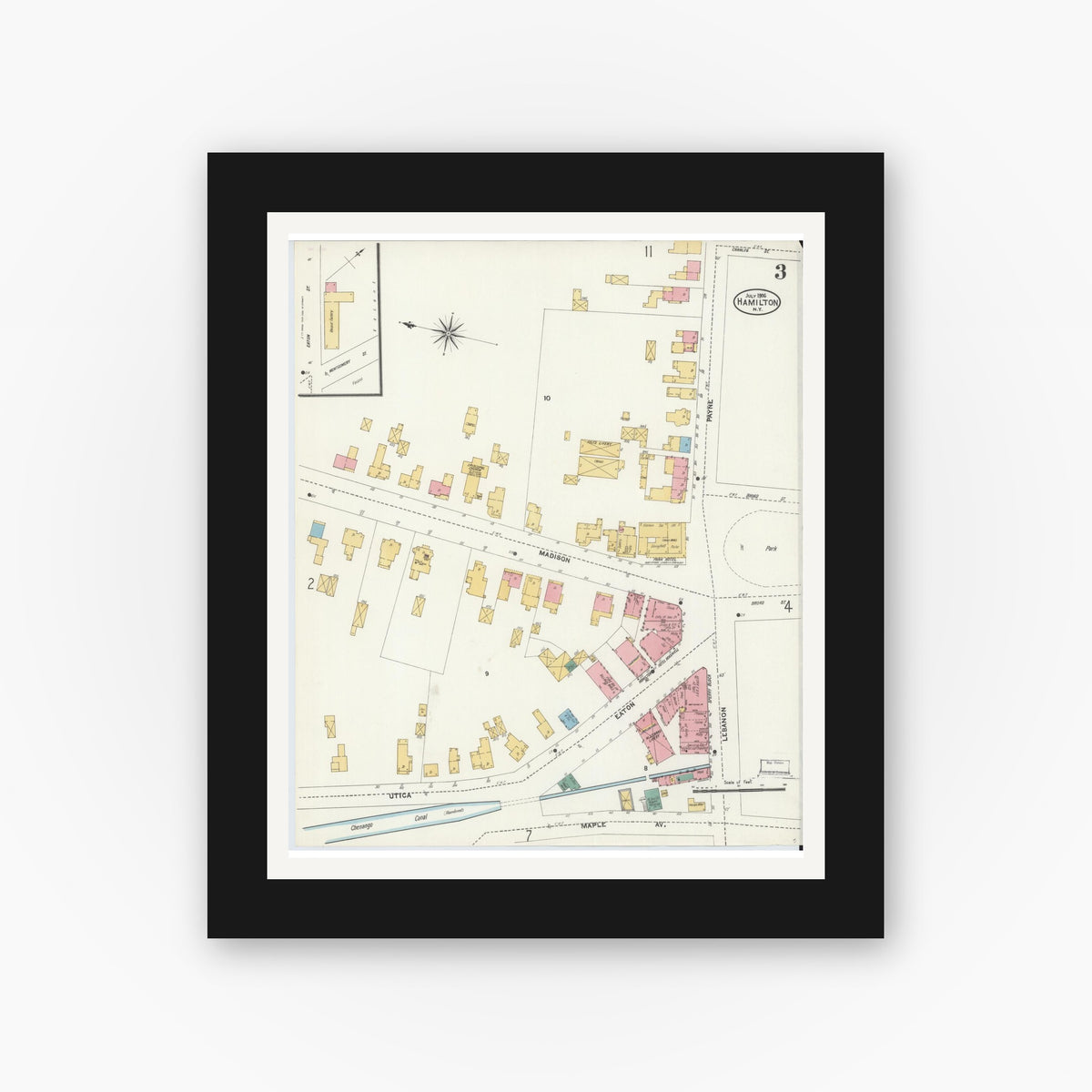 Old map wall art mockup — black gallery frame with white mat — Sanborn Fire Insurance Map from Hamilton, Madison County, New York (1906), Sheet #0003