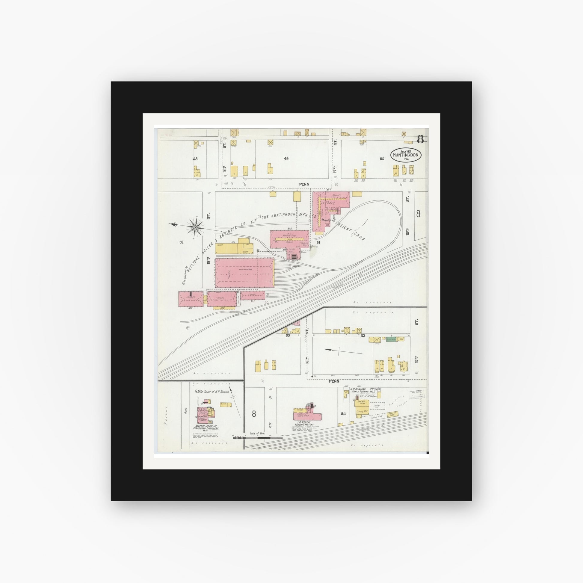 Old map wall art mockup — black gallery frame with white mat — Sanborn Fire Insurance Map from Huntingdon, Huntingdon County, Pennsylvania (1901), Sheet #0008