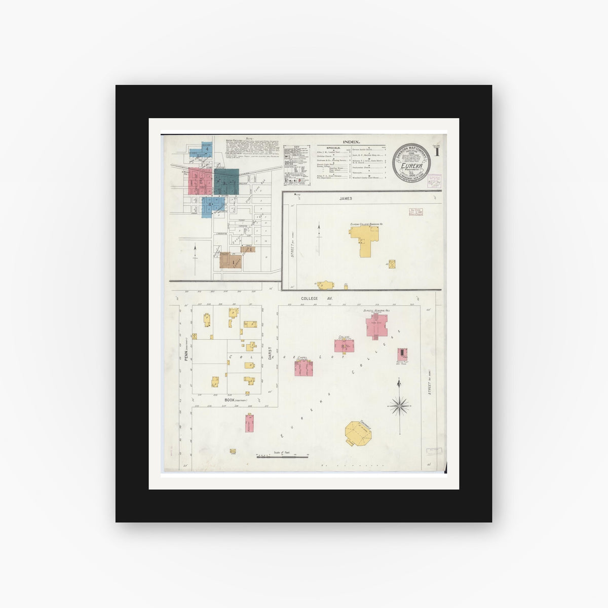 Old map wall art mockup — black gallery frame with white mat — Sanborn Fire Insurance Map from Eureka, Woodford County, Illinois (1906) - Complete Map Set