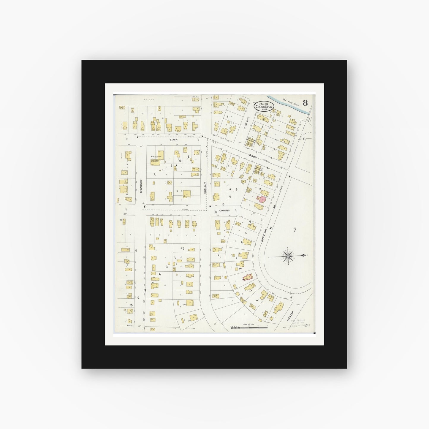 Old map wall art mockup — black gallery frame with white mat — Sanborn Fire Insurance Map from Crookston, Polk County, Minnesota (1906), Sheet #0008