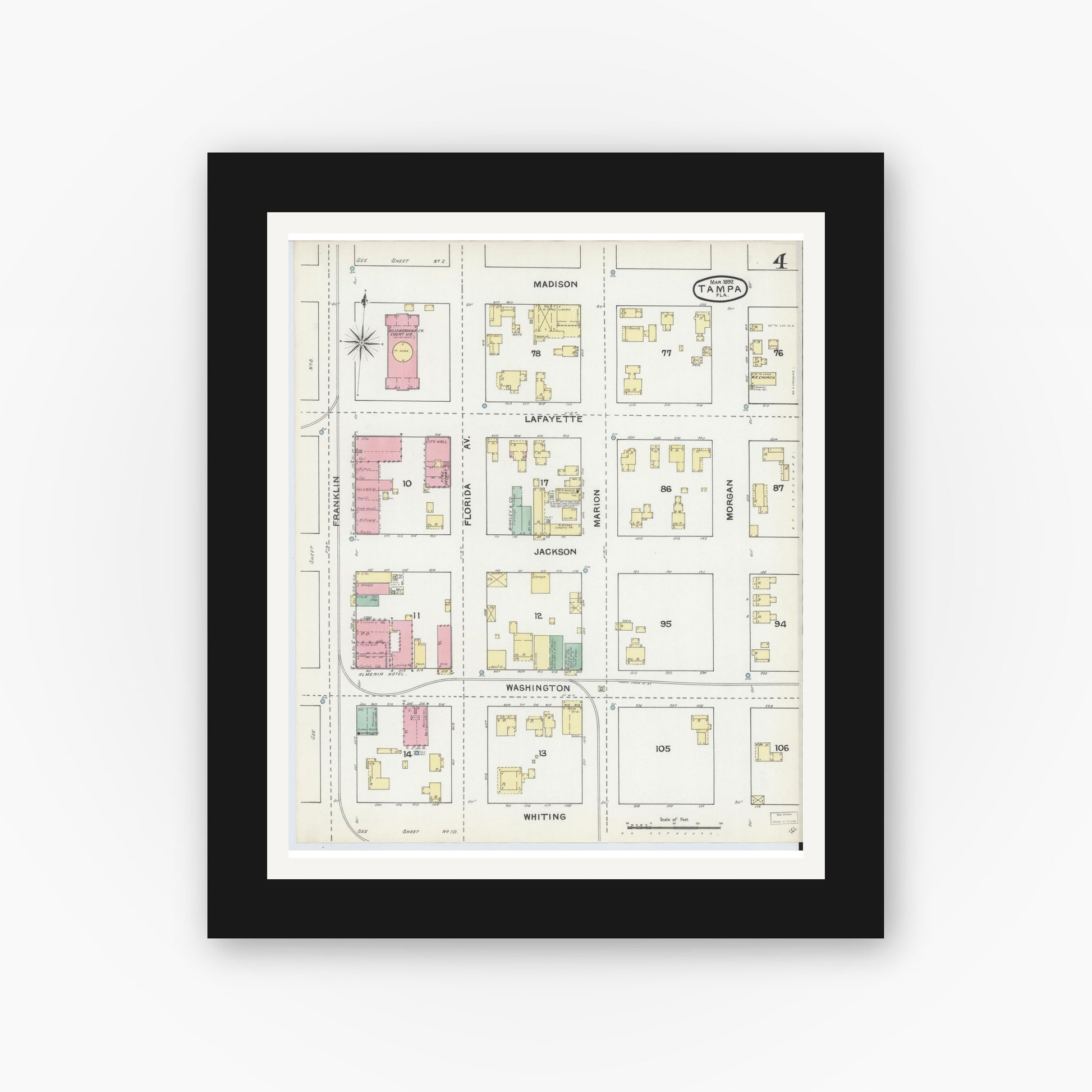Old map wall art mockup — black gallery frame with white mat — Sanborn Fire Insurance Map from Tampa, Hillsborough County, Florida (1892), Sheet #0004