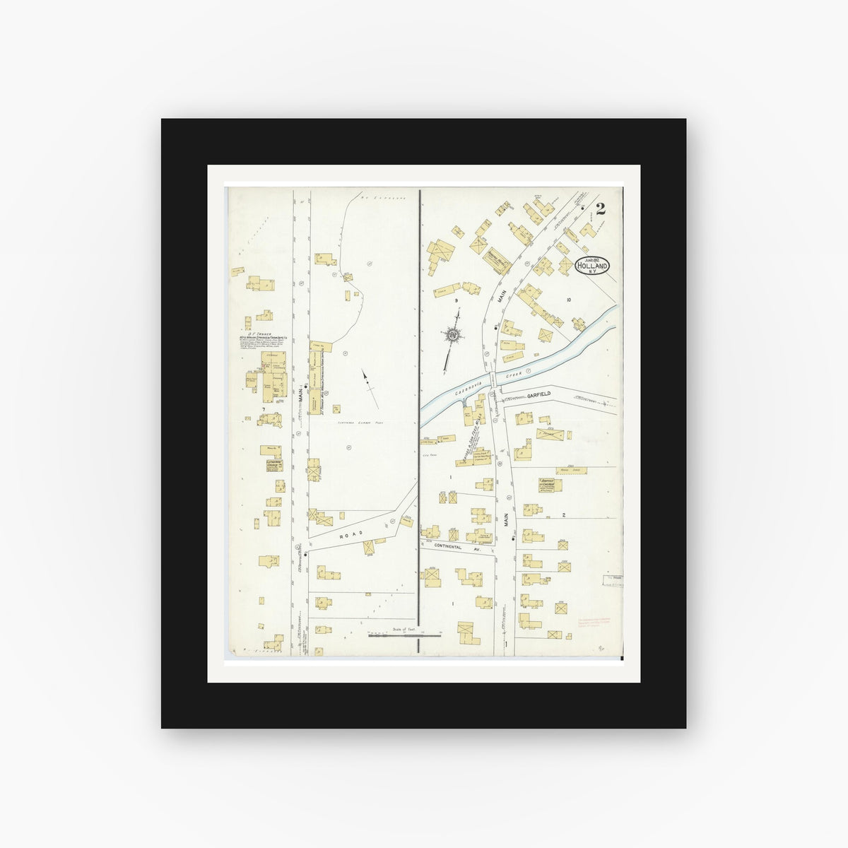 Old map wall art mockup — black gallery frame with white mat — Sanborn Fire Insurance Map from Holland, Erie County, New York (1912), Sheet #0002