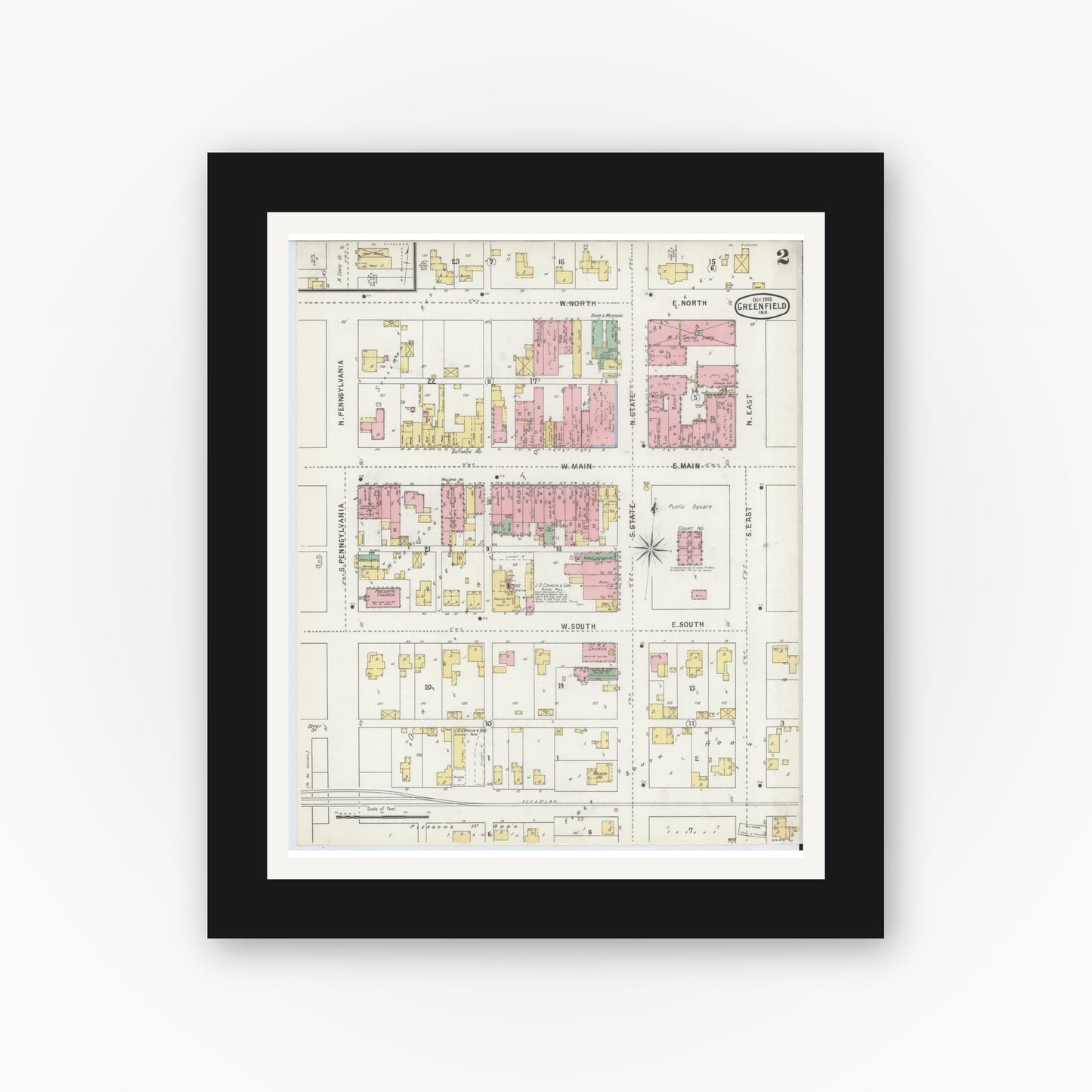 Old map wall art mockup — black gallery frame with white mat — Sanborn Fire Insurance Map from Greenfield, Hancock County, Indiana (1895), Sheet #0002