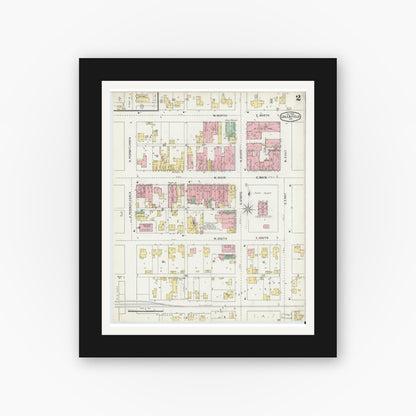 Old map wall art mockup — black gallery frame with white mat — Sanborn Fire Insurance Map from Greenfield, Hancock County, Indiana (1895), Sheet #0002