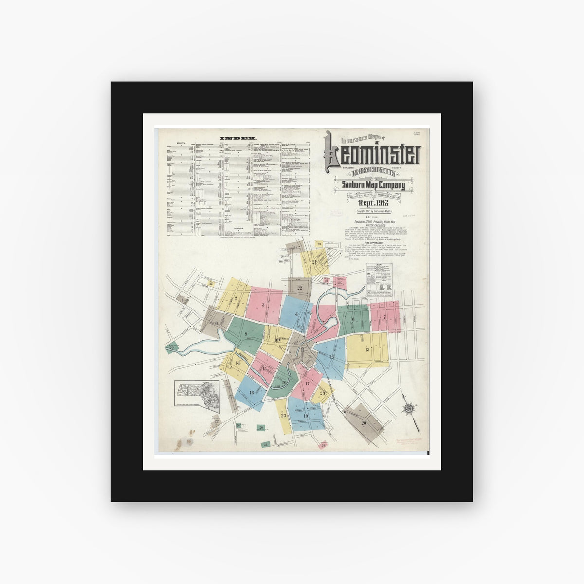 Old map wall art mockup — black gallery frame with white mat — Sanborn Fire Insurance Map from Leominster, Worcester County, Massachusetts (1912) - Complete Map Set