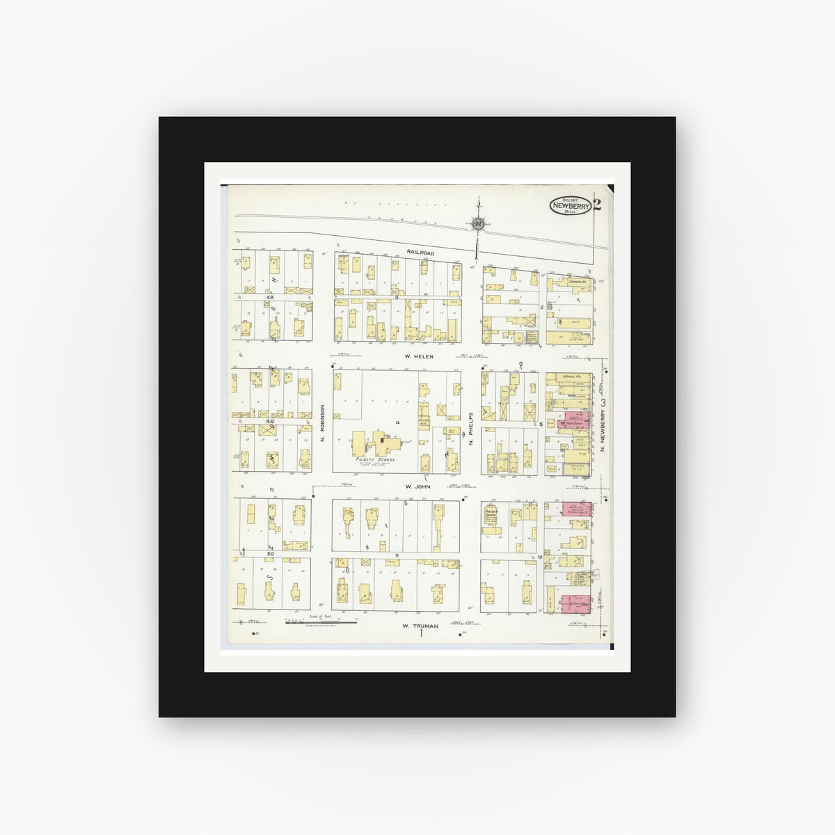 Old map wall art mockup — black gallery frame with white mat — Sanborn Fire Insurance Map from Newberry, Luce County, Michigan (1917), Sheet #0002