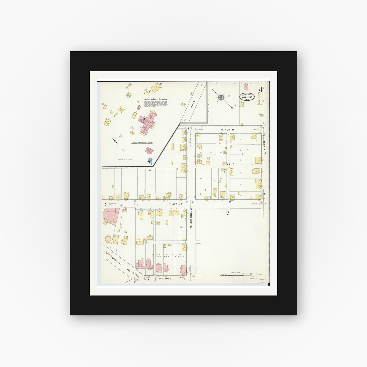 Old map wall art mockup — black gallery frame with white mat — Sanborn Fire Insurance Map from Cadiz, Harrison County, Ohio (1916), Sheet #0004